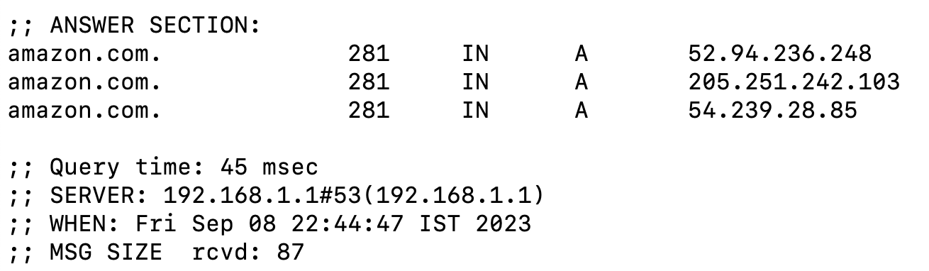 dig command in the amazon.com website. First server.