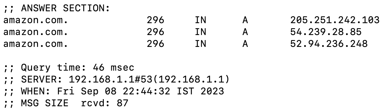 dig command in the amazon.com website. First server.